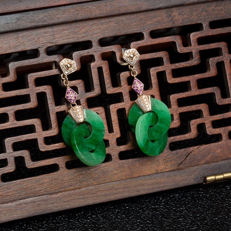 18k天然缅甸翠绿翡翠平安扣耳坠-红掌柜