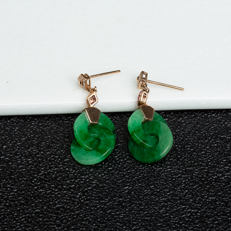 18k糯种翠绿翡翠平安扣耳坠-红掌柜