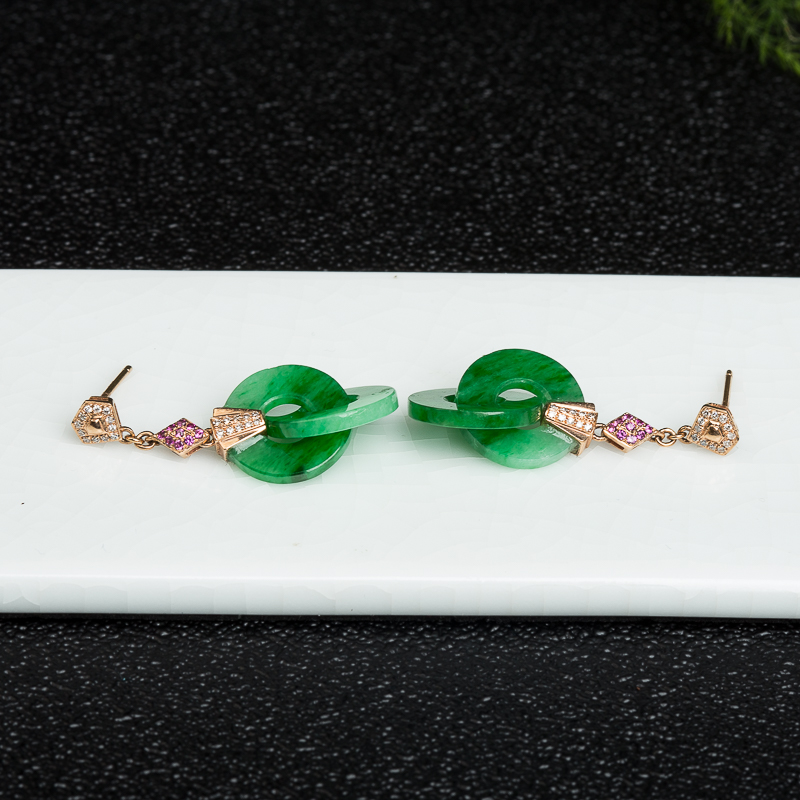 18k缅甸糯种翠绿翡翠平安扣耳坠-红掌柜