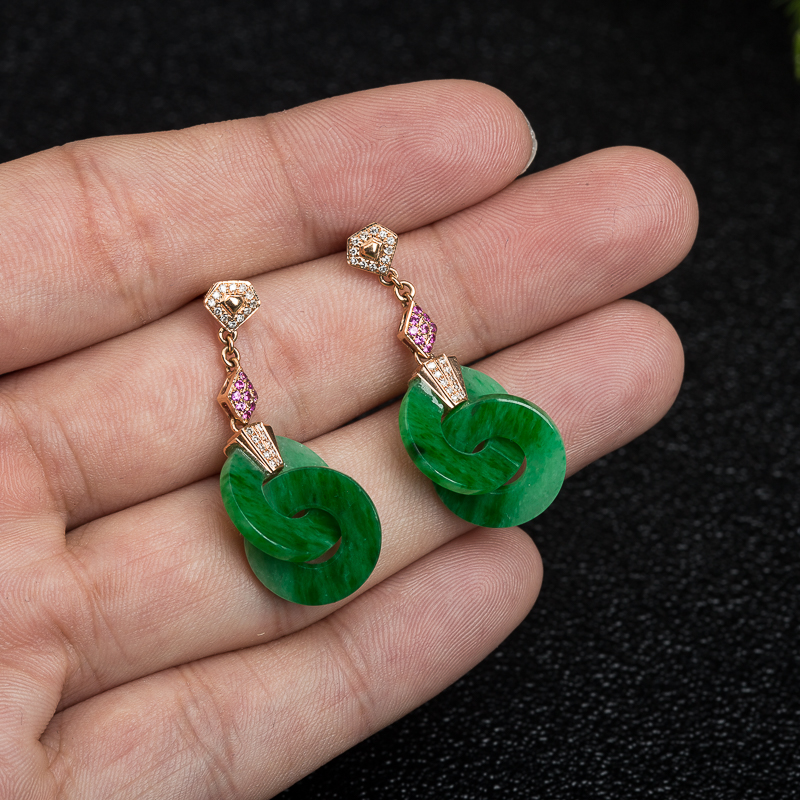 天然缅甸糯种翠绿翡翠平安扣耳坠-红掌柜