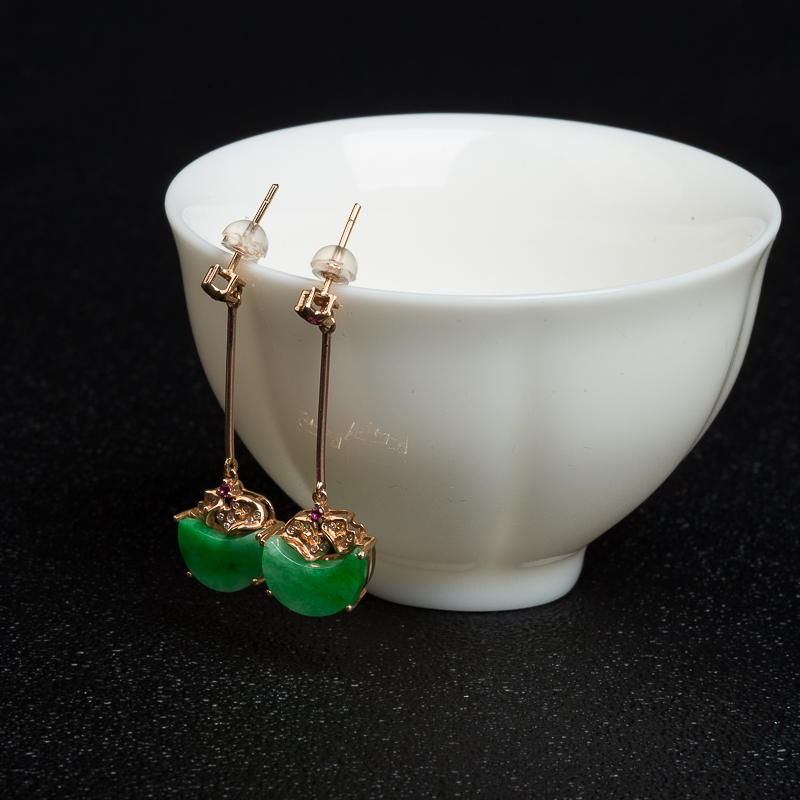 缅甸糯种翠绿翡翠耳坠-红掌柜