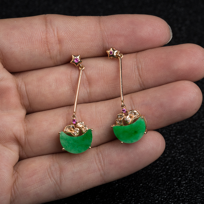 天然缅甸糯种翠绿翡翠耳坠-红掌柜