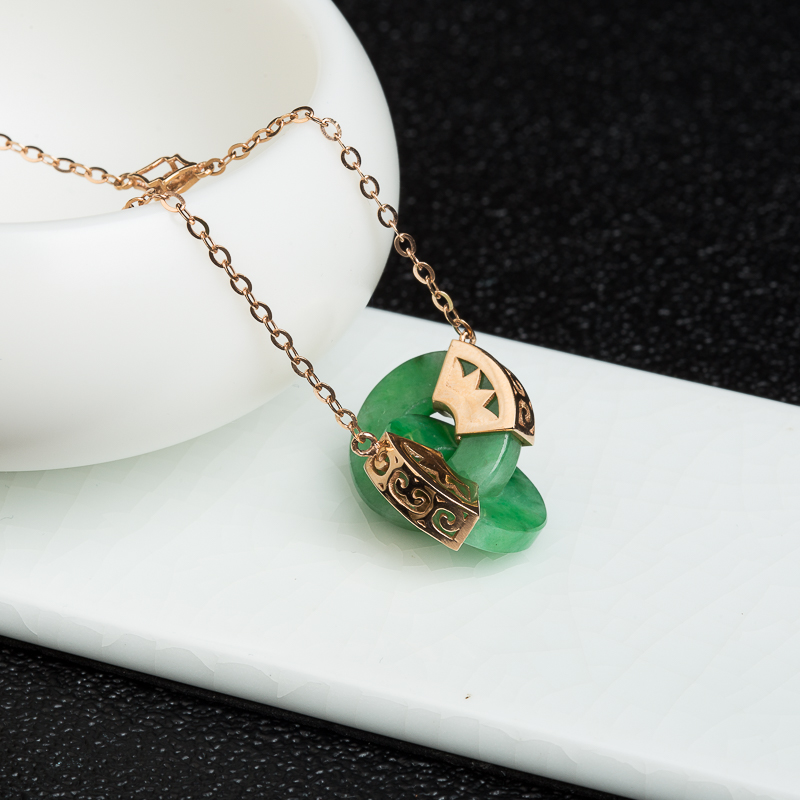 18k天然糯种翠绿翡翠平安扣项链-红掌柜