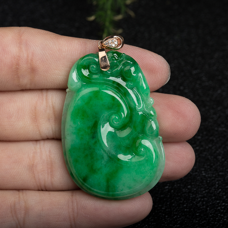 天然缅甸糯种翠绿翡翠如意吊坠-红掌柜