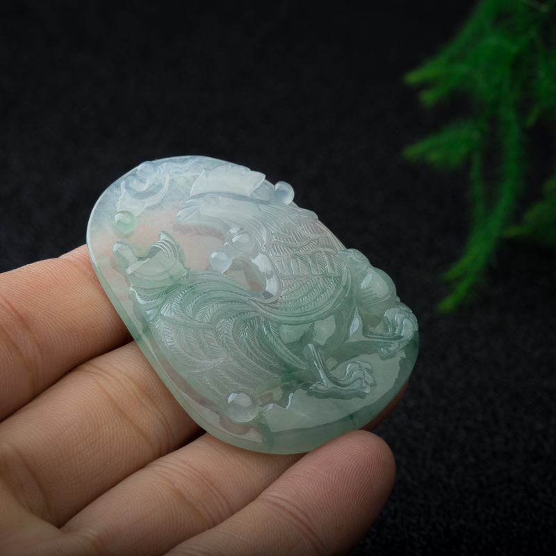 缅甸糯冰种飘花翡翠鸡吊坠-红掌柜