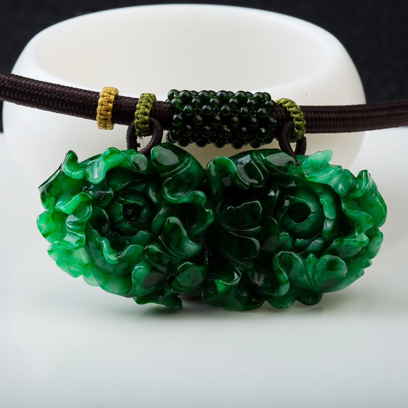 天然糯种深绿翡翠花开富贵吊坠-红掌柜