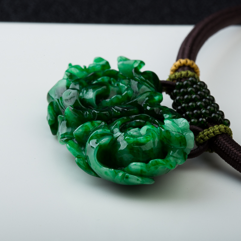 缅甸糯种深绿翡翠花开富贵吊坠-红掌柜