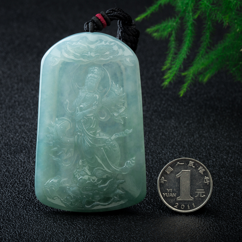 天然缅甸糯种灰绿翡翠龙头观音吊坠-红掌柜