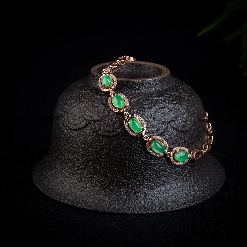 银镶糯冰种翠绿翡翠手链-红掌柜