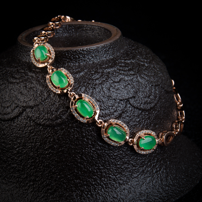 银镶糯冰种翠绿翡翠手链-红掌柜