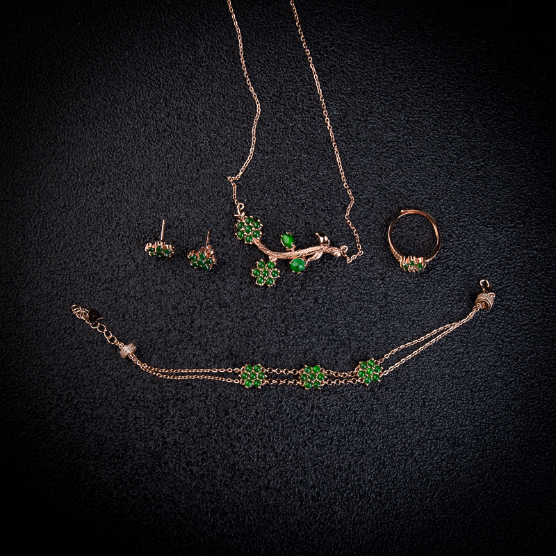 银镶冰种深绿翡翠叶叶相惜四件套-红掌柜