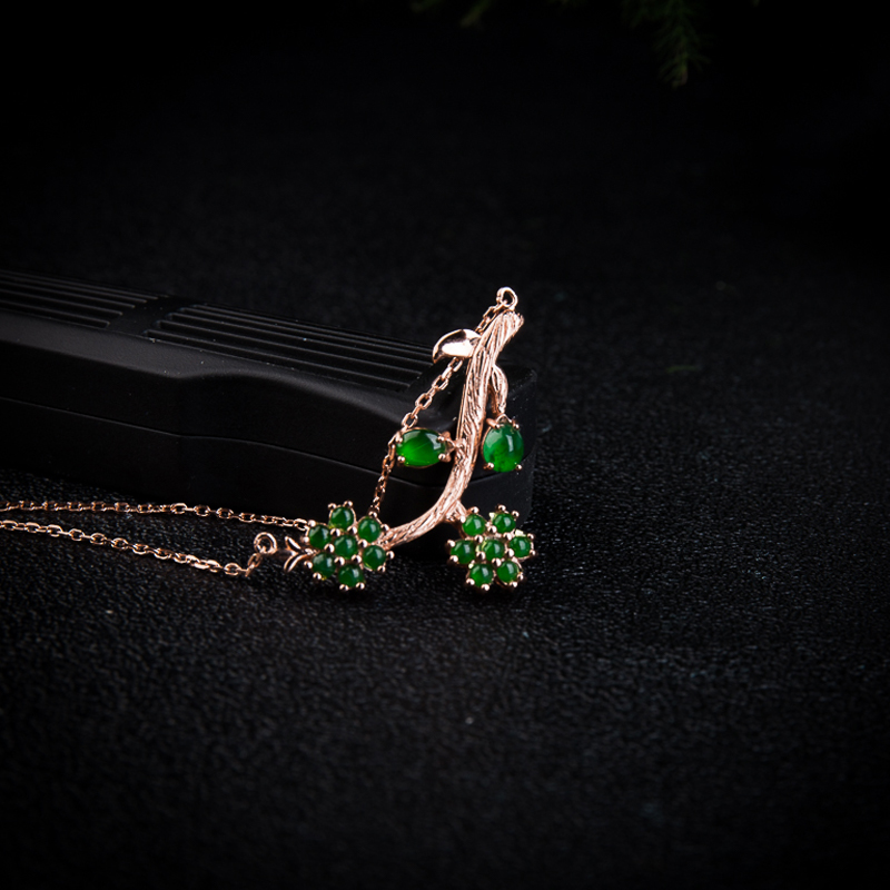 银镶冰种翡翠叶叶相惜四件套-红掌柜