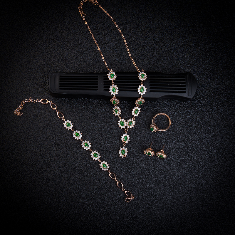 银镶糯冰种深绿翡翠富贵花开四件套-红掌柜