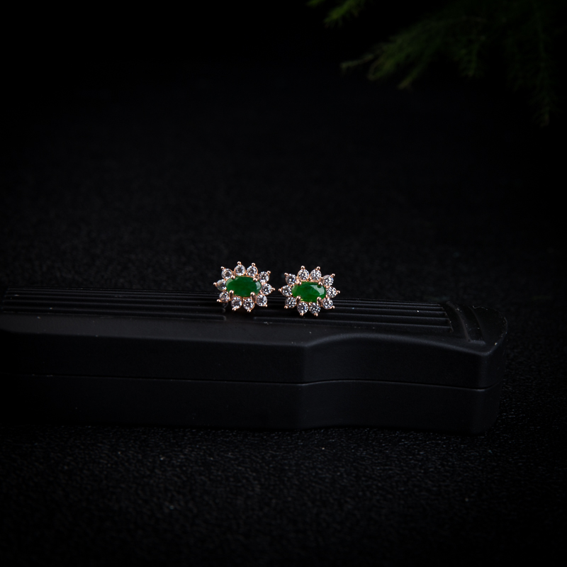 银镶糯冰种深绿翡翠耳钉-红掌柜