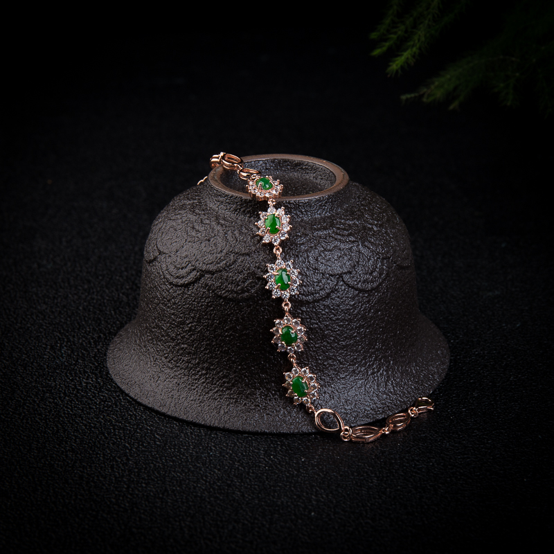 银镶糯冰种深绿翡翠手链-红掌柜