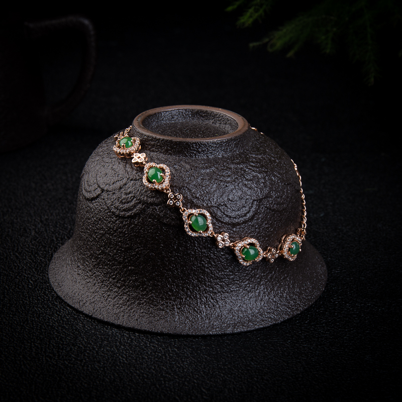 银镶糯冰种深绿翡翠手链-红掌柜