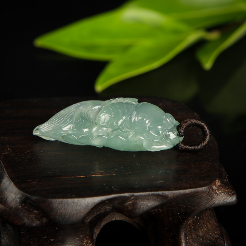 糯冰种灰绿翡翠金玉满堂吊坠-红掌柜