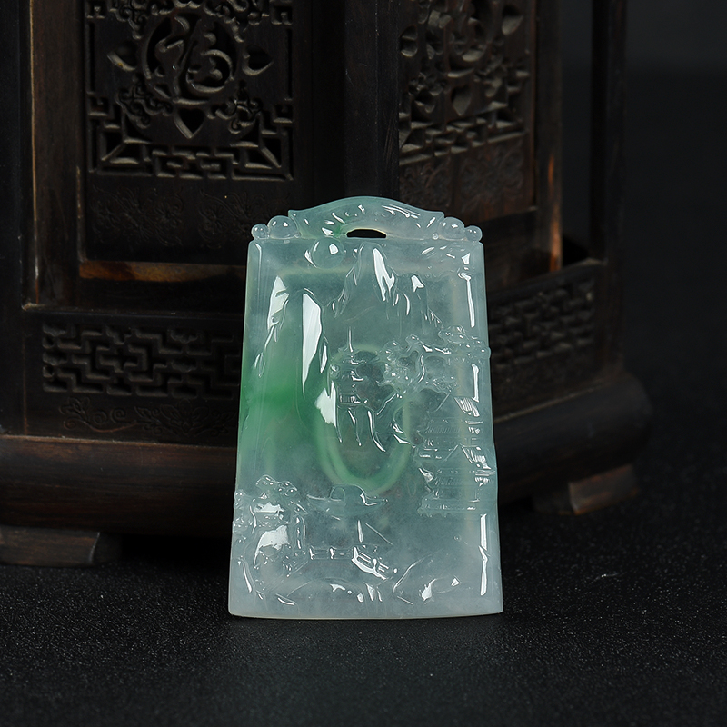 缅甸天然冰种飘翠翡翠山水牌吊坠-红掌柜