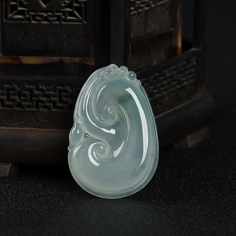 缅甸天然糯种飘花翡翠如意吊坠-红掌柜