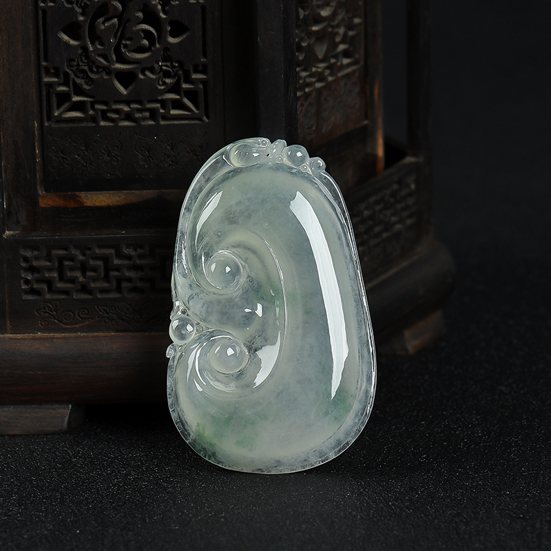 缅甸天然糯冰种飘花翡翠如意吊坠-红掌柜