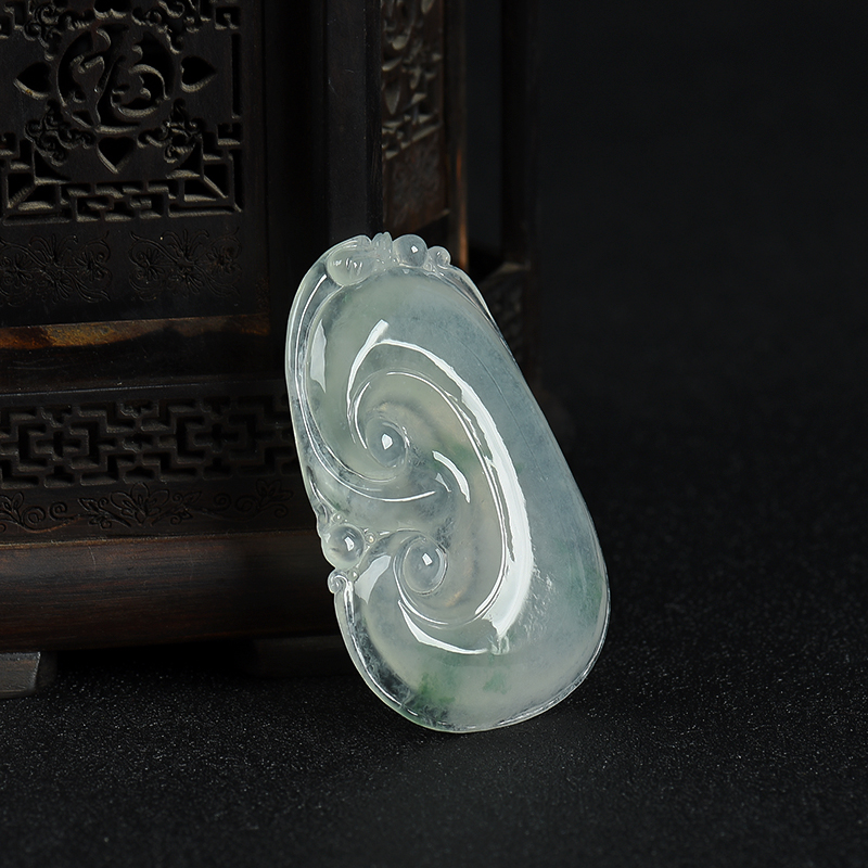 天然糯冰种飘花翡翠如意吊坠-红掌柜