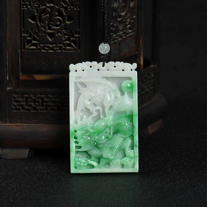 缅甸天然糯种飘翠翡翠龙凤呈祥吊坠-红掌柜