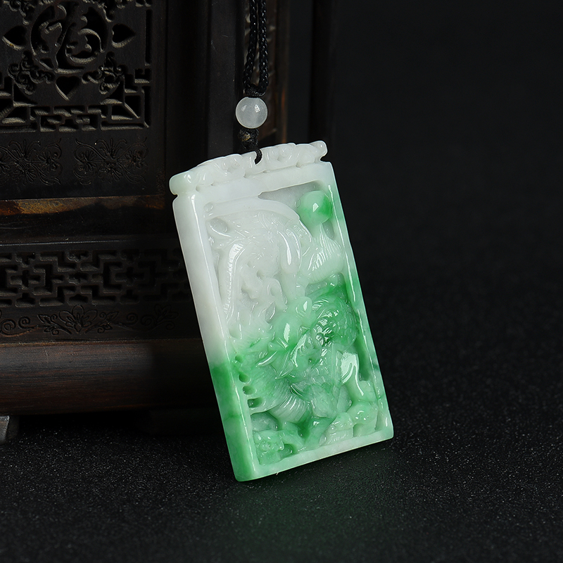 天然糯种飘翠翡翠龙凤呈祥吊坠-红掌柜