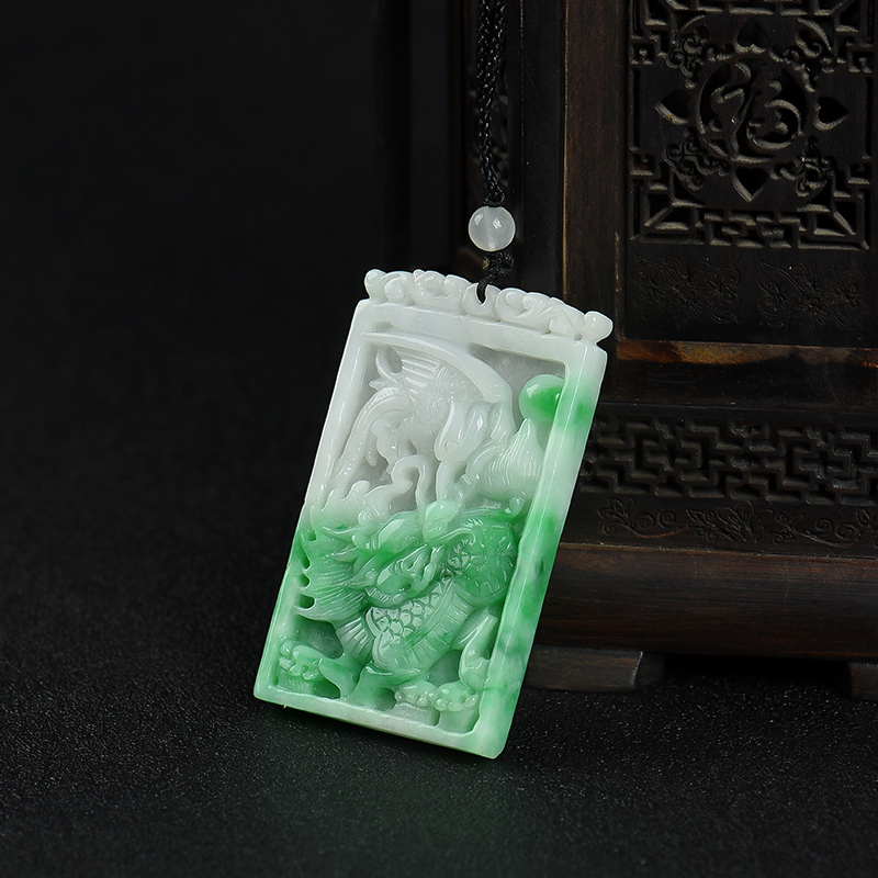 缅甸糯种飘翠翡翠龙凤呈祥吊坠-红掌柜