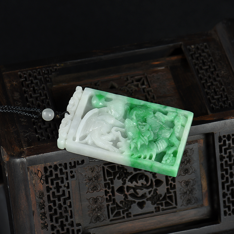 缅甸天然糯种翡翠龙凤呈祥吊坠-红掌柜