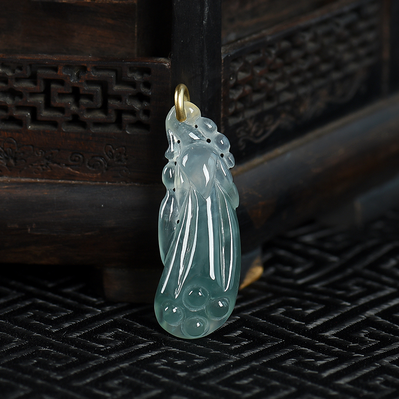 18k糯冰种蓝绿翡翠莲蓬吊坠-红掌柜