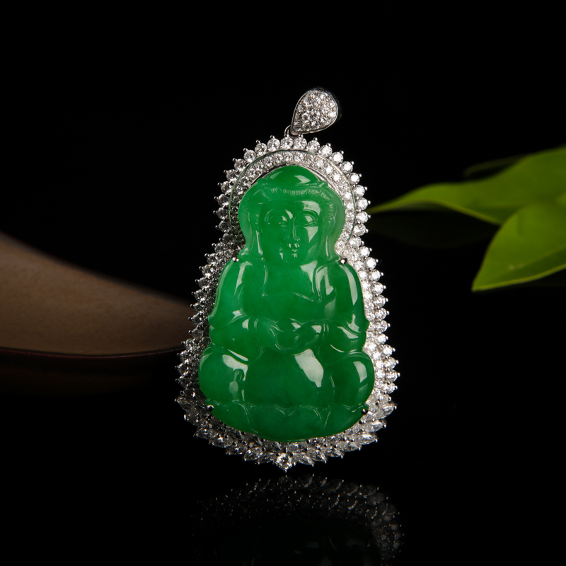 18k糯种翠绿翡翠观音吊坠-红掌柜