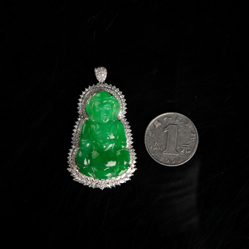 天然糯种翠绿翡翠观音吊坠-红掌柜