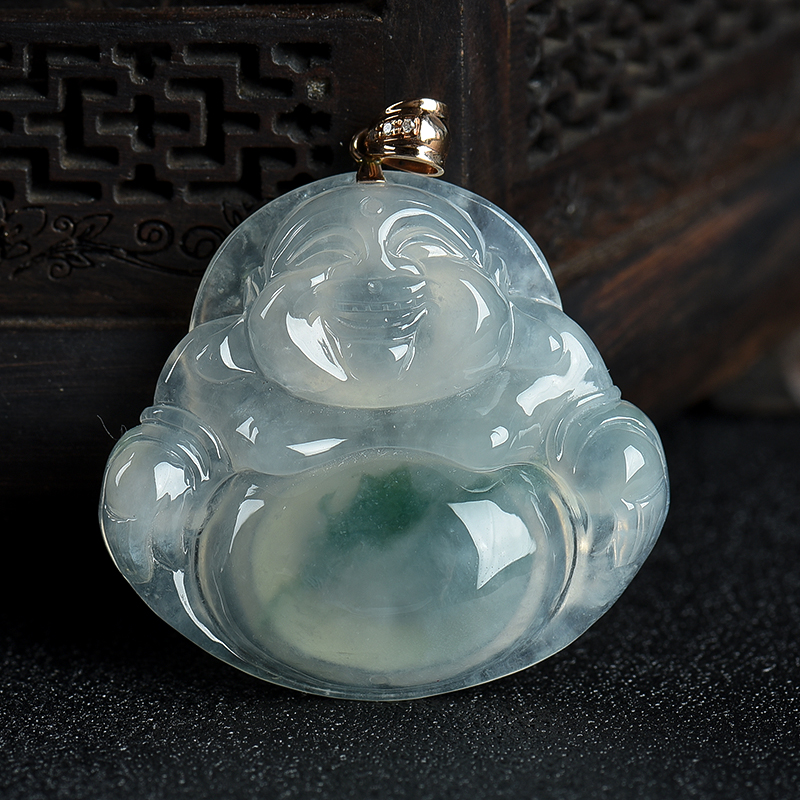 糯冰种飘花翡翠弥勒佛-红掌柜