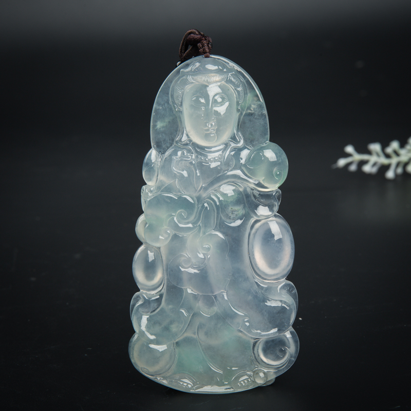 冰种飘翠翡翠观音吊坠-红掌柜