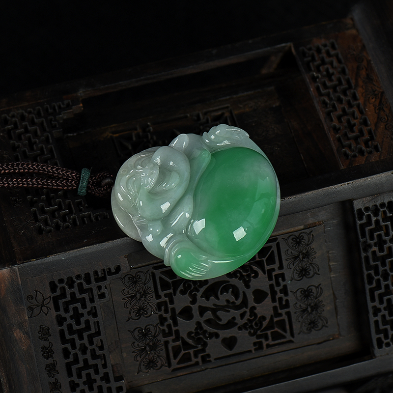 糯种飘翠翡翠弥勒佛挂坠-红掌柜