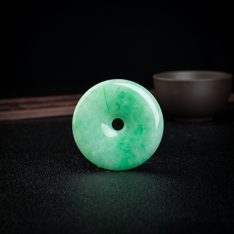 缅甸天然豆种豆绿翡翠平安扣吊坠-红掌柜