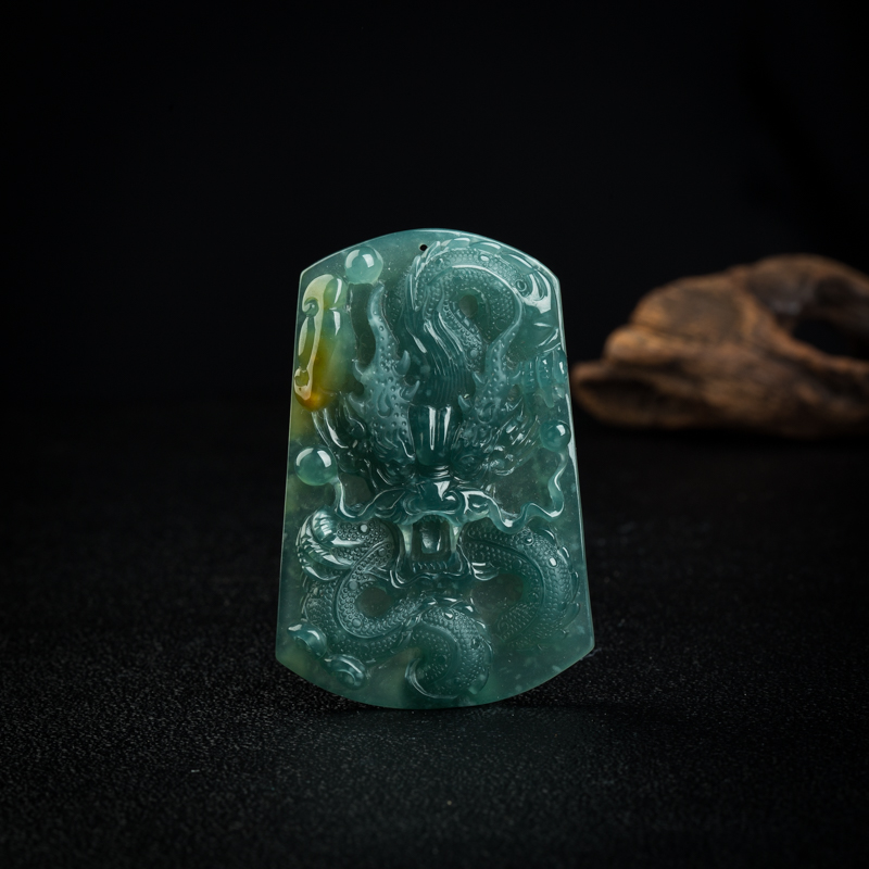 缅甸天然糯冰种蓝绿翡翠辰龙吊坠-红掌柜