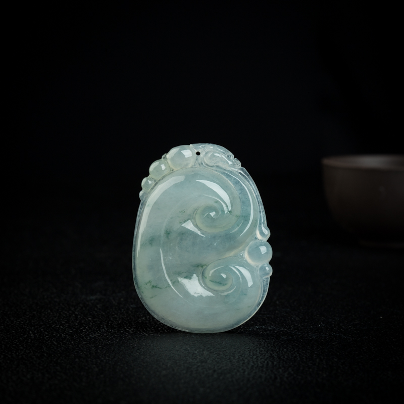 缅甸天然糯冰种飘花翡翠如意吊坠-红掌柜