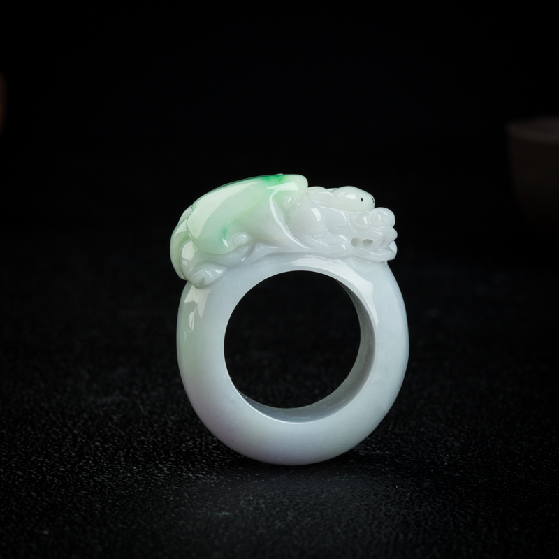缅甸天然糯种飘翠翡翠貔貅扳指-红掌柜