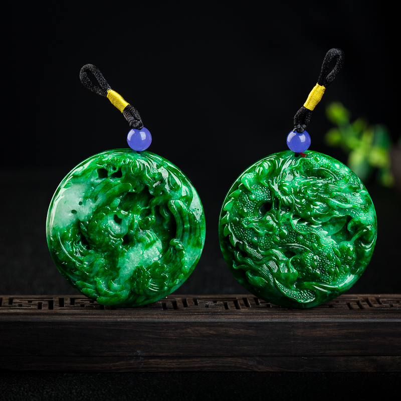 糯种翠绿翡翠龙凤牌吊坠-红掌柜