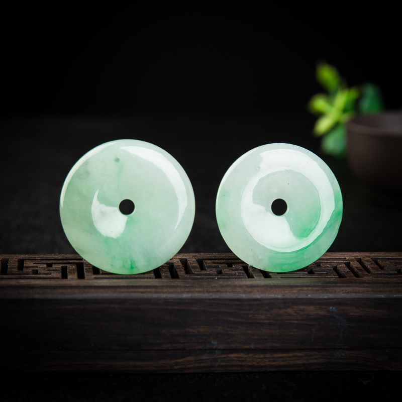 缅甸天然糯冰种飘翠翡翠平安扣吊坠两件-红掌柜