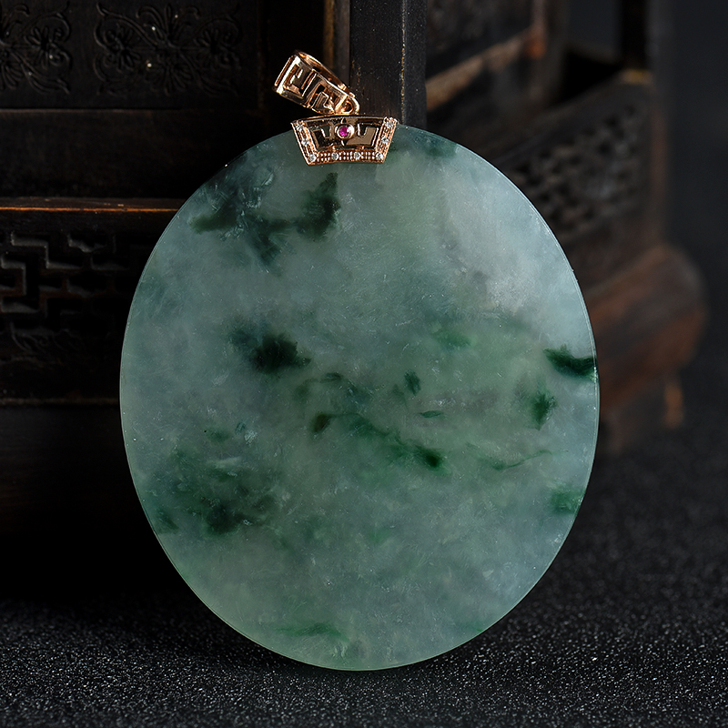 天然飘花翡翠圆牌吊坠-红掌柜