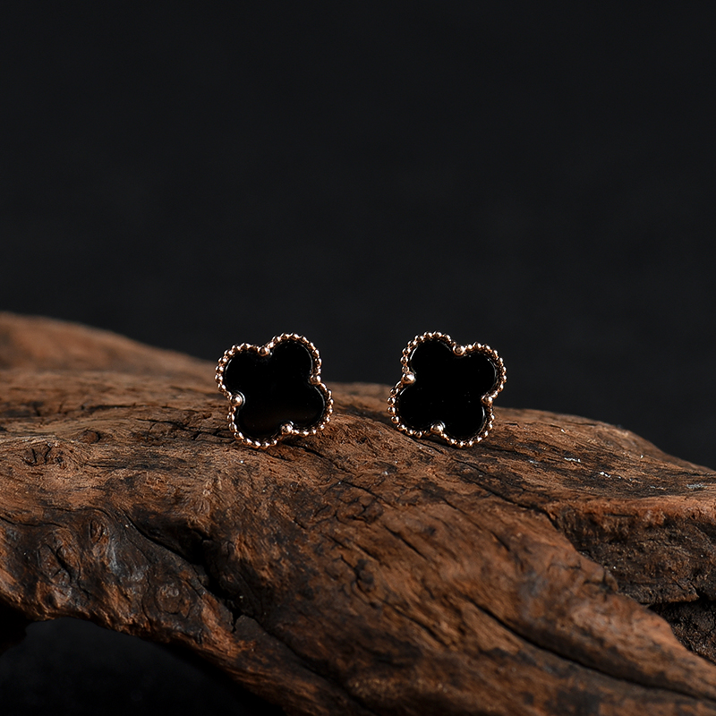 糯种墨翠四叶草耳钉-红掌柜