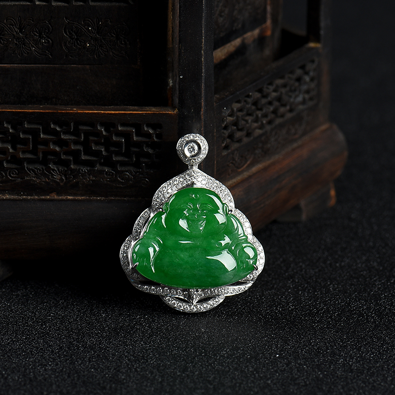 18k豆种翠绿翡翠佛吊坠-红掌柜