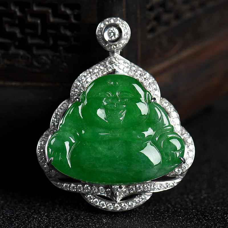 天然豆种翠绿翡翠佛吊坠-红掌柜
