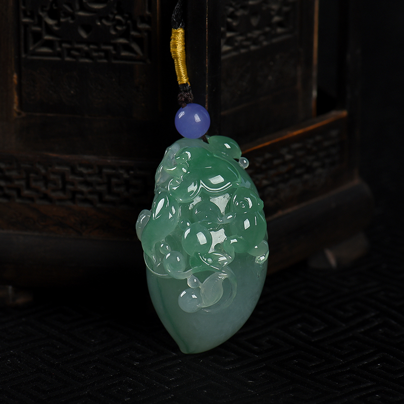 天然糯冰种飘翠翡翠福寿如意吊坠-红掌柜