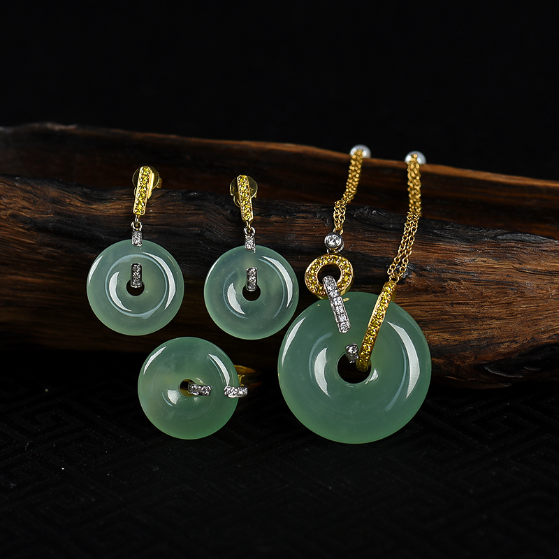 缅甸天然糯冰种晴水翡翠平安扣三件套-红掌柜