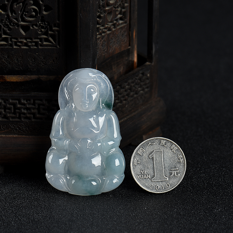 缅甸糯冰种飘花翡翠观音吊坠-红掌柜