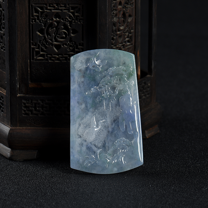 糯冰种飘花翡翠松鹤延年吊坠-红掌柜