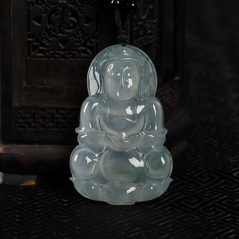 缅甸天然糯冰种飘花翡翠观音吊坠-红掌柜